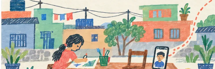 A girl paints at a table on a rooftop among colourful houses in Nepal, while a boy watches on a phone video call from far away.